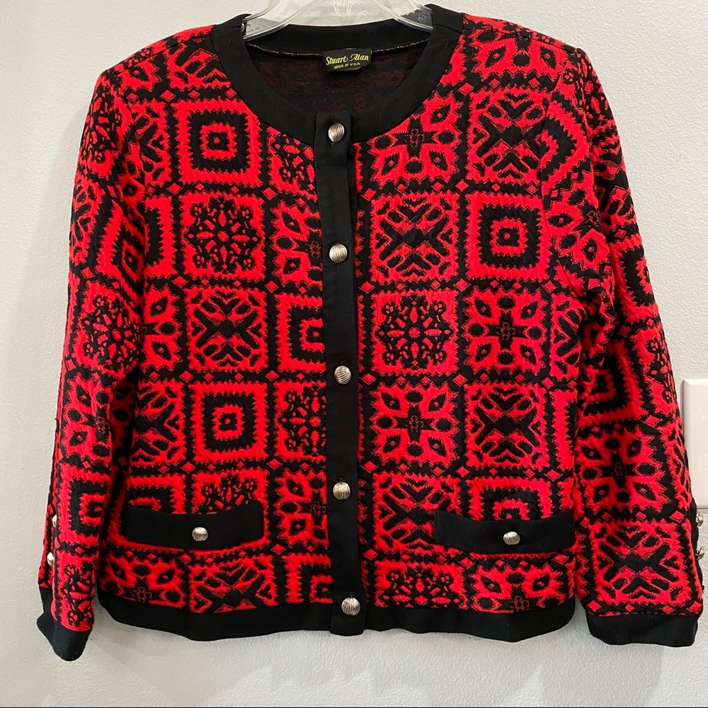 Vintage Button Up Jacket Jaquard Geometric Design Silver Buttons